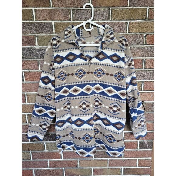 Vintage Mens Large Fleece weater Aztec Southwestern Tribal 1/4 Zip - Picture 1 of 7
